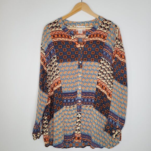 NORTH STYLE Boho Print Button Up Shirt Size XL Collarless Crepe Rayon Flowy - Picture 1 of 9